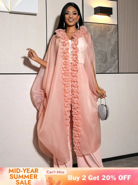 AOMEIDRESS Chic African Two Piece Set Elegant Ruffled Cape Pants Pink / S