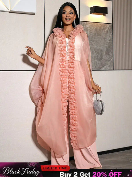 AOMEIDRESS Chic African Two Piece Set Elegant Ruffled Cape Pants Pink / S