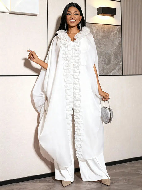 AOMEIDRESS Chic African Two Piece Set Elegant Ruffled Cape Pants White / S