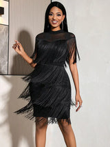 AOMEIDRESS Chic Black Fringe Dress Sheer Neckline Package Hip Gowns