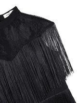 AOMEIDRESS Chic Black Fringe Dress Sheer Neckline Package Hip Gowns