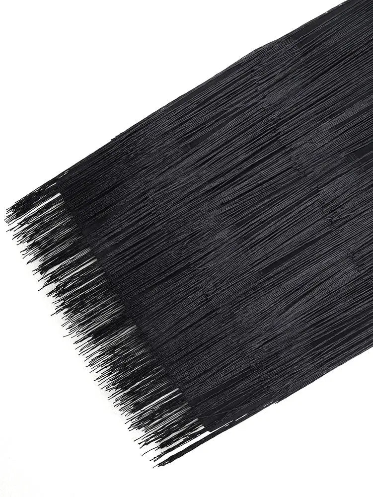 AOMEIDRESS Chic Black Fringe Dress Sheer Neckline Package Hip Gowns