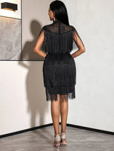 AOMEIDRESS Chic Black Fringe Dress Sheer Neckline Package Hip Gowns