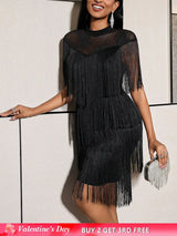 AOMEIDRESS Chic Black Fringe Dress Sheer Neckline Package Hip Gowns Black / S