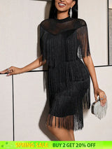 AOMEIDRESS Chic Black Fringe Dress Sheer Neckline Package Hip Gowns Black / S