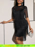 AOMEIDRESS Chic Black Fringe Dress Sheer Neckline Package Hip Gowns Black / S