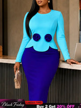 AOMEIDRESS Chic Bodycon Dress O Neck Long Sleeve Colorblock 3D Floral - Blue / S