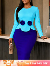 AOMEIDRESS Chic Bodycon Dress O Neck Long Sleeve Colorblock 3D Floral - Blue / S