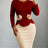 AOMEIDRESS Chic Bodycon Dress O Neck Long Sleeve Colorblock 3D Floral - Wine / S