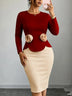 AOMEIDRESS Chic Bodycon Dress O Neck Long Sleeve Colorblock 3D Floral - Wine / S
