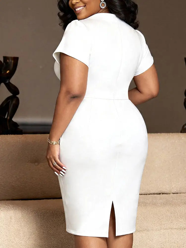 AOMEIDRESS Chic Bodycon Pencil Dress Asymmetrical Neck Short Sleeves