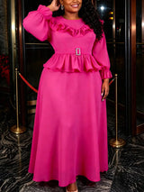 AOMEIDRESS Chic Chiffon Dress O Neck Puff Sleeves Ruffle Belt Peplum