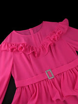 AOMEIDRESS Chic Chiffon Dress O Neck Puff Sleeves Ruffle Belt Peplum