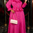 AOMEIDRESS Chic Chiffon Dress O Neck Puff Sleeves Ruffle Belt Peplum - Rose / L