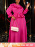 AOMEIDRESS Chic Chiffon Dress O Neck Puff Sleeves Ruffle Belt Peplum - Rose / L