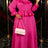 AOMEIDRESS Chic Chiffon Dress O Neck Puff Sleeves Ruffle Belt Peplum - Rose / L