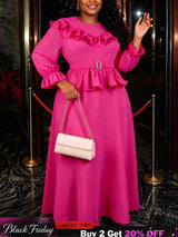 AOMEIDRESS Chic Chiffon Dress O Neck Puff Sleeves Ruffle Belt Peplum - Rose / L