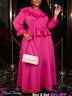 AOMEIDRESS Chic Chiffon Dress O Neck Puff Sleeves Ruffle Belt Peplum - Rose / L