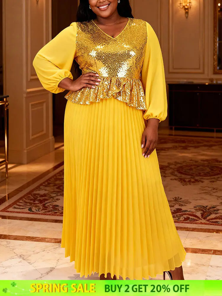 AOMEIDRESS Chic Chiffon Dress Sequin Peplum Wedding Guest Wear Yellow / L