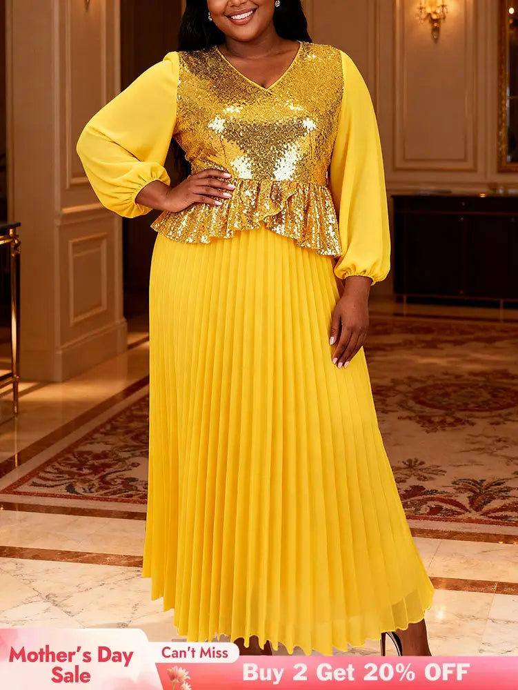 AOMEIDRESS Chic Chiffon Dress Sequin Peplum Wedding Guest Wear Yellow / L