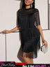 AOMEIDRESS Chic Black Fringe Dress Sheer Neckline Package Hip Gowns Black / S