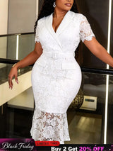 AOMEIDRESS Chic Lace Fishtail Dress Notched Lapel Short Sleeve Belted - White / S