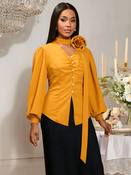 AOMEIDRESS Chic Long Sleeves Blouse 3D Flower Office Meetings Wear