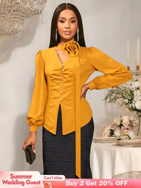 AOMEIDRESS Chic Long Sleeves Blouse 3D Flower Office Meetings Wear Yellow / S