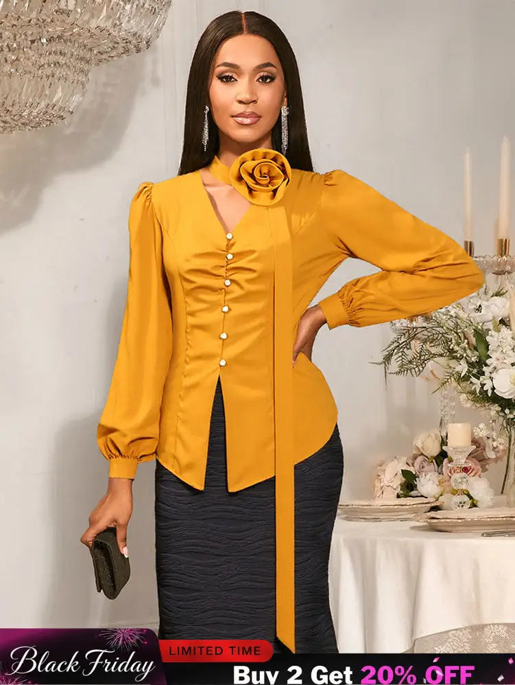 AOMEIDRESS Chic Long Sleeves Blouse 3D Flower Office Meetings Wear Yellow / S