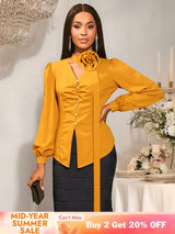 AOMEIDRESS Chic Long Sleeves Blouse 3D Flower Office Meetings Wear Yellow / S