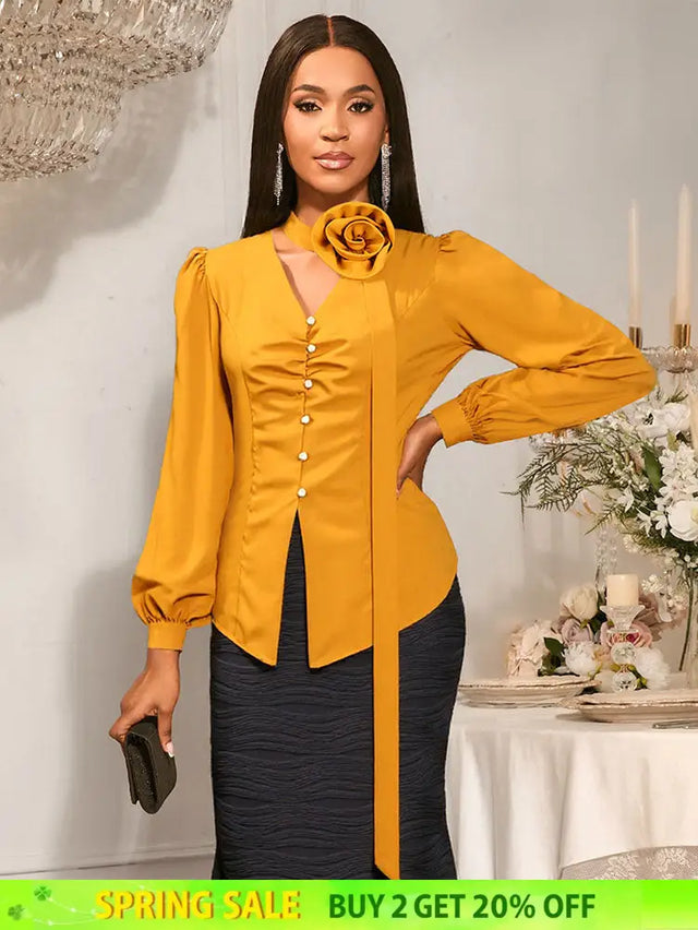 AOMEIDRESS Chic Long Sleeves Blouse 3D Flower Office Meetings Wear Yellow / S