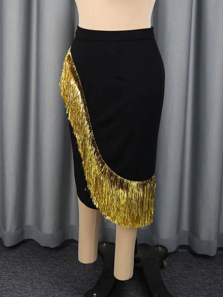 AOMEIDRESS Chic Pencil Skirt Irregular Gold Tassel for Party Office