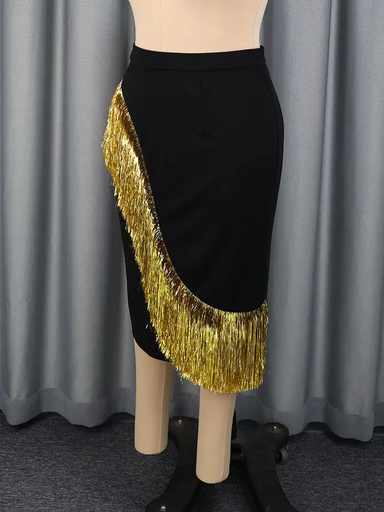 AOMEIDRESS Chic Pencil Skirt Irregular Gold Tassel for Party Office