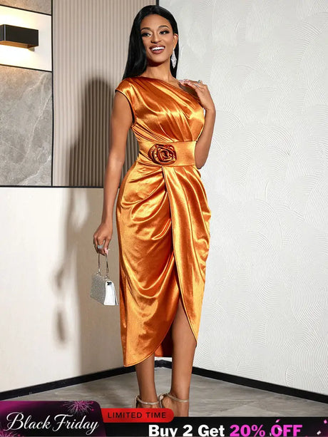 AOMEIDRESS Chic Satin Wrap Dress One Shoulder 3D Floral Formal Gowns Brown / S