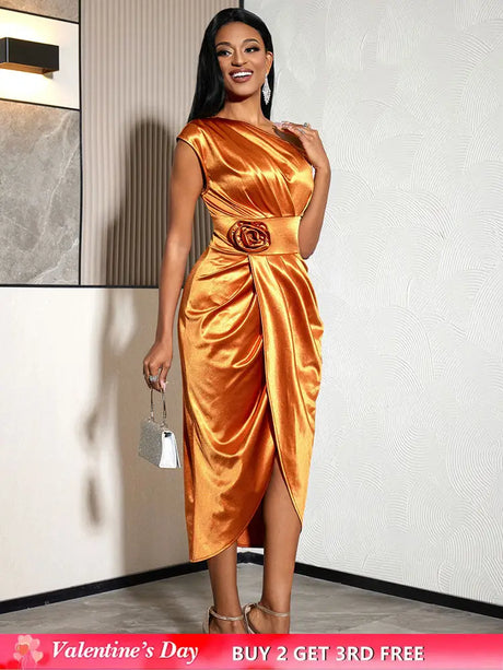 AOMEIDRESS Chic Satin Wrap Dress One Shoulder 3D Floral Formal Gowns Brown / S