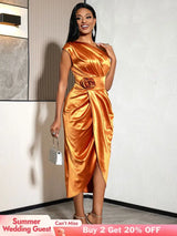 AOMEIDRESS Chic Satin Wrap Dress One Shoulder 3D Floral Formal Gowns Brown / S