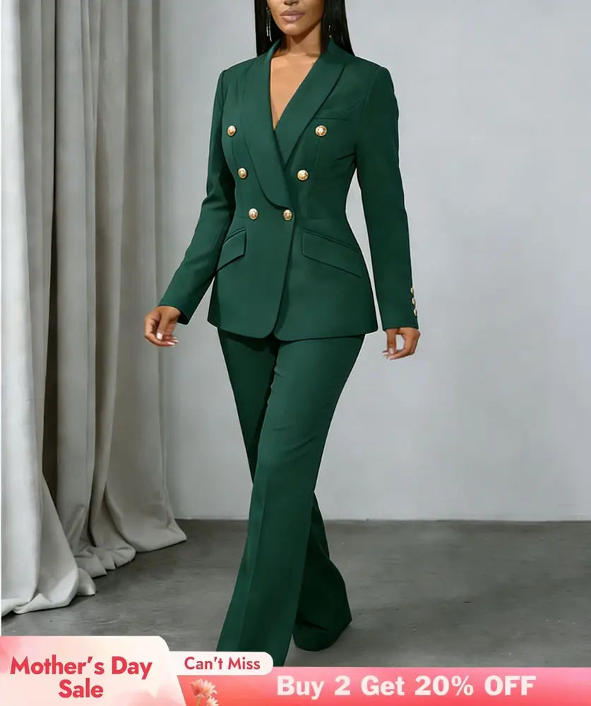 AOMEIDRESS Chic Two Piece Set Buttons Blazer Matching Slim Trousers DarkGreen / S