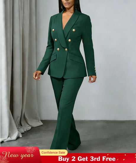 AOMEIDRESS Chic Two Piece Set Buttons Blazer Matching Slim Trousers DarkGreen / S