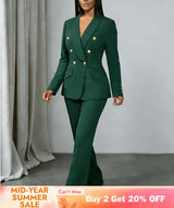 AOMEIDRESS Chic Two Piece Set Buttons Blazer Matching Slim Trousers DarkGreen / S