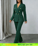 AOMEIDRESS Chic Two Piece Set Buttons Blazer Matching Slim Trousers DarkGreen / S
