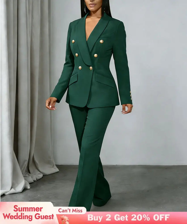 AOMEIDRESS Chic Two Piece Set Buttons Blazer Matching Slim Trousers DarkGreen / S