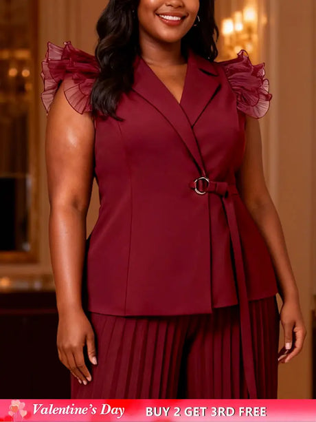 AOMEIDRESS Chic Wine Tops with Ruffled Belted Waist Evening Events Wine / L