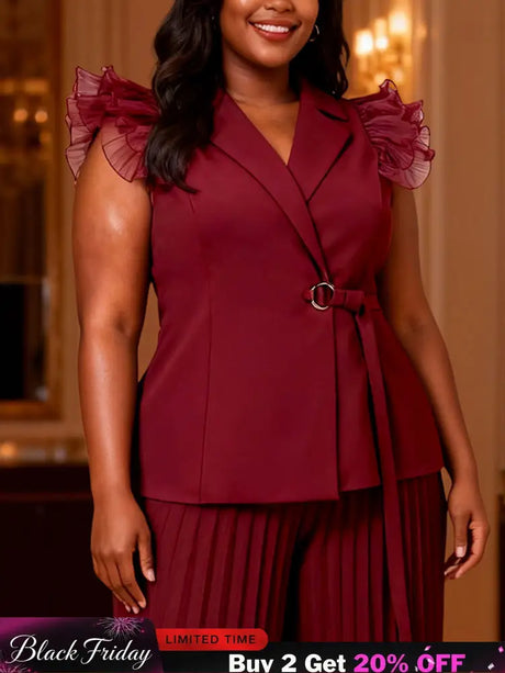 AOMEIDRESS Chic Wine Tops with Ruffled Belted Waist Evening Events Wine / L
