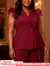 AOMEIDRESS Chic Wine Tops with Ruffled Belted Waist Evening Events Wine / L