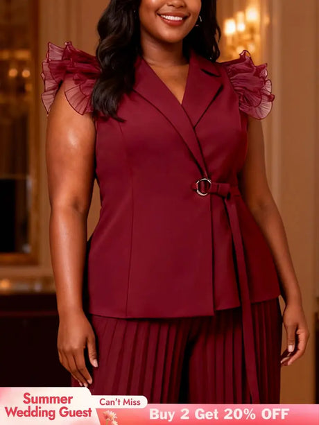 AOMEIDRESS Chic Wine Tops with Ruffled Belted Waist Evening Events Wine / L