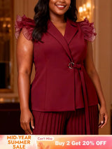 AOMEIDRESS Chic Wine Tops with Ruffled Belted Waist Evening Events Wine / L