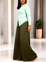 AOMEIDRESS Chic Women Two Piece Set V Neck Long Sleeve Top Pants