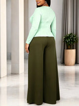 AOMEIDRESS Chic Women Two Piece Set V Neck Long Sleeve Top Pants