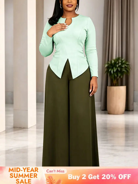AOMEIDRESS Chic Women Two Piece Set V Neck Long Sleeve Top Pants - LightGreen / S