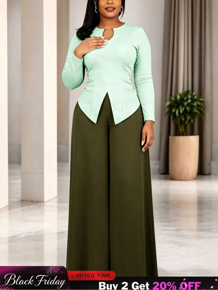 AOMEIDRESS Chic Women Two Piece Set V Neck Long Sleeve Top Pants - LightGreen / S